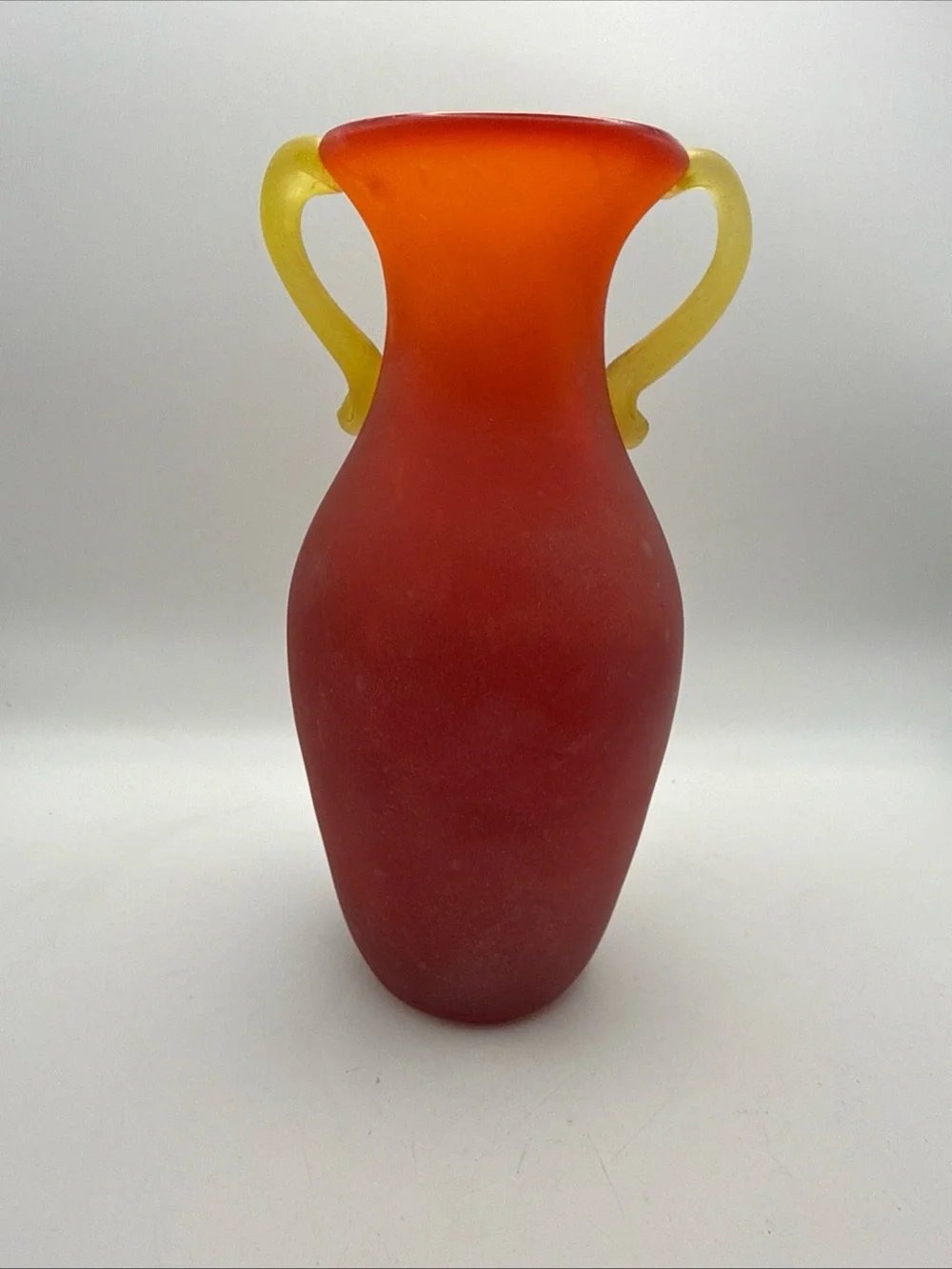 Murano Style Glass Vase Amphora Roman Style Red w/ Yellow Scroll Handles Scavo
